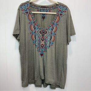 Johnny Was Light Olive Green Embroidered Tunic Short Sleeve Tee Top Size 1X